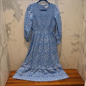 Blue Floral Long Sleeve Smocked Waist Maxi Dress